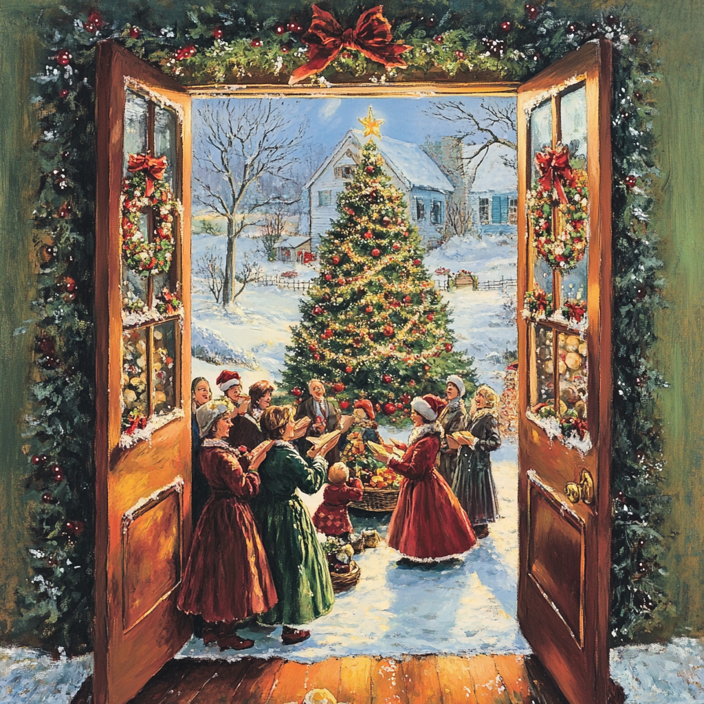 Carolers singing outside a house with Christmas tree.