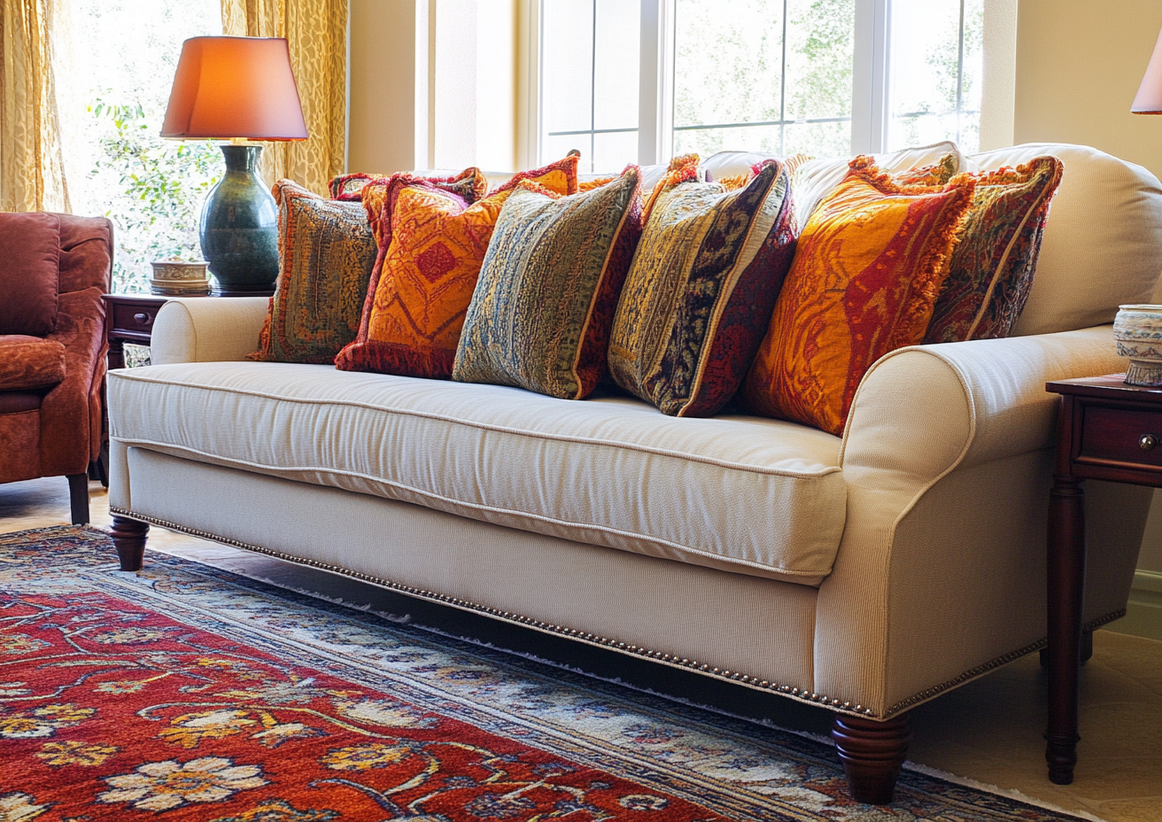 Carpets and pillows in warm autumn colors for holiday.