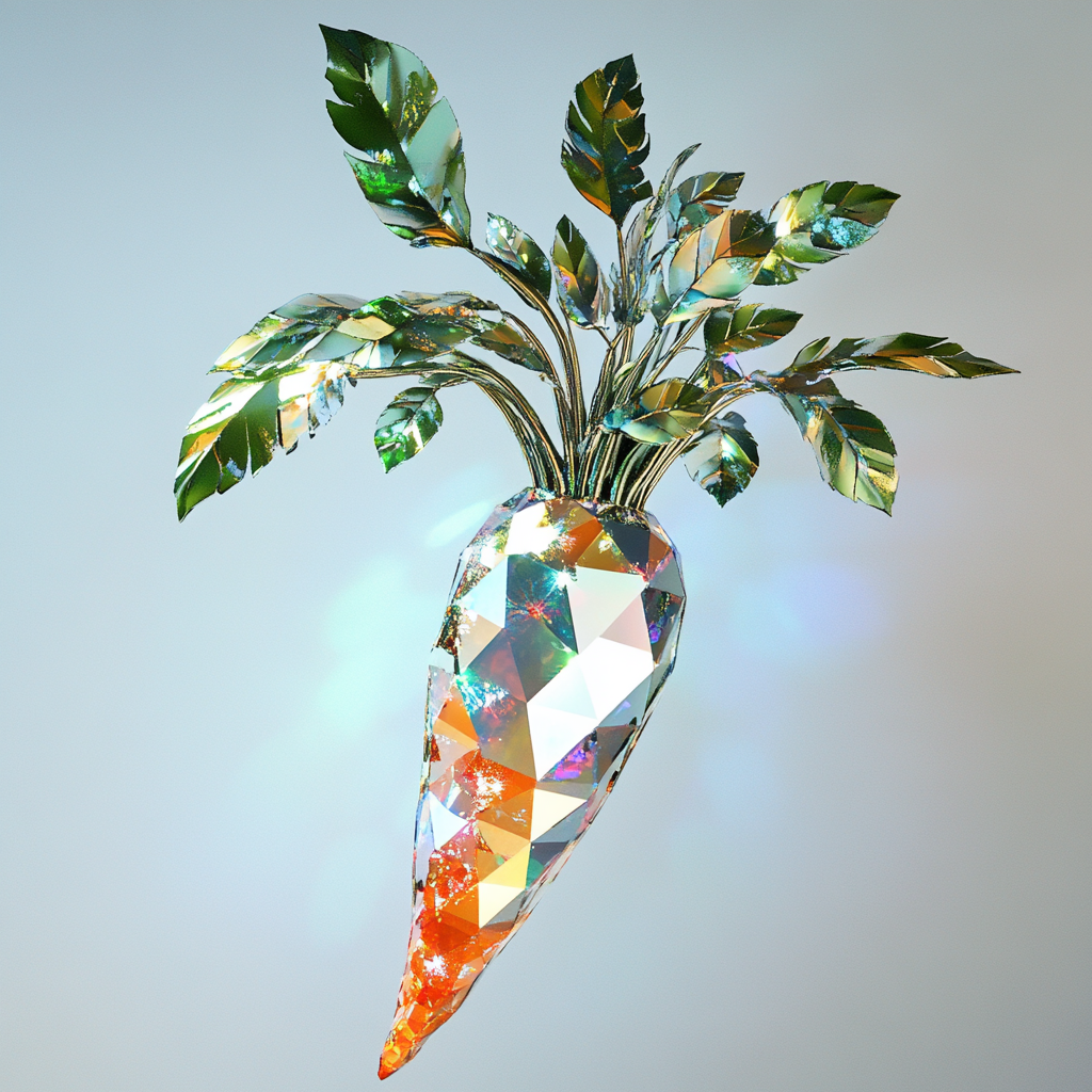 Carrot shape with diamond surface, rainbow hues, luxury nature.