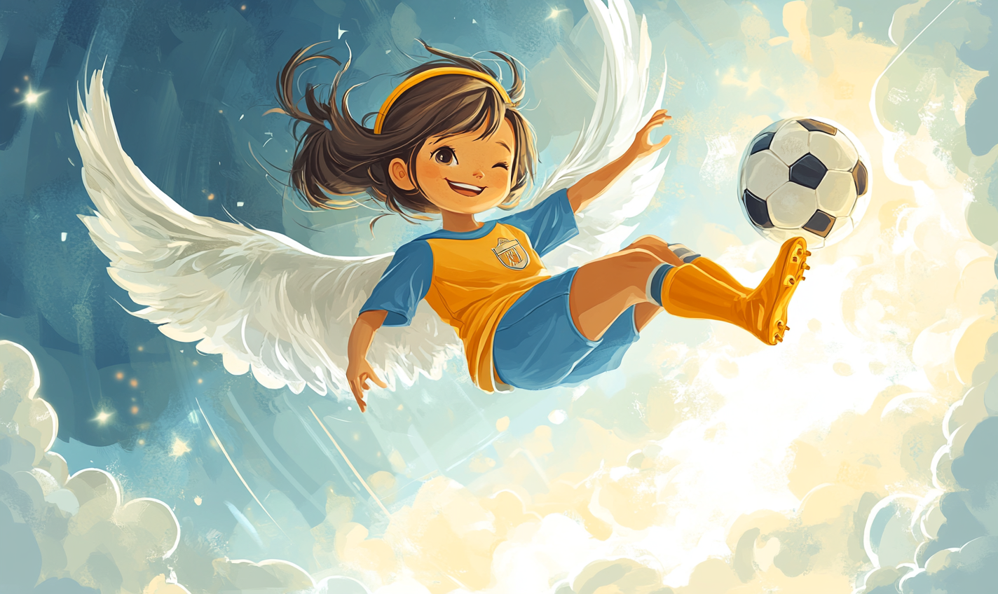 Cartoon 12-Year-Old Soccer Angel in Heavenly Sky 