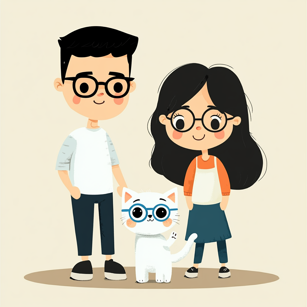 Cartoon Chinese family with black-framed glasses and white cat.