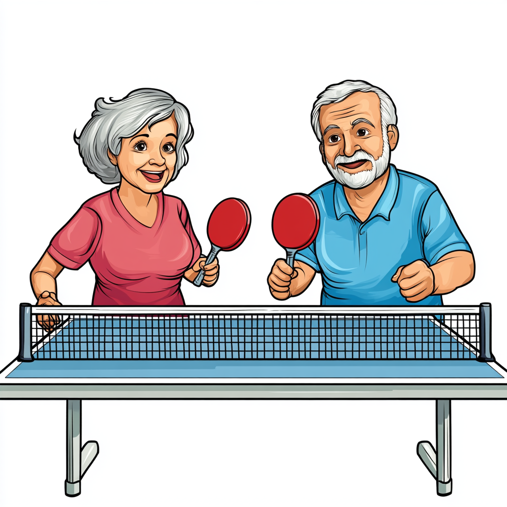 Cartoon Couple Playing Ping Pong Match Aged 50