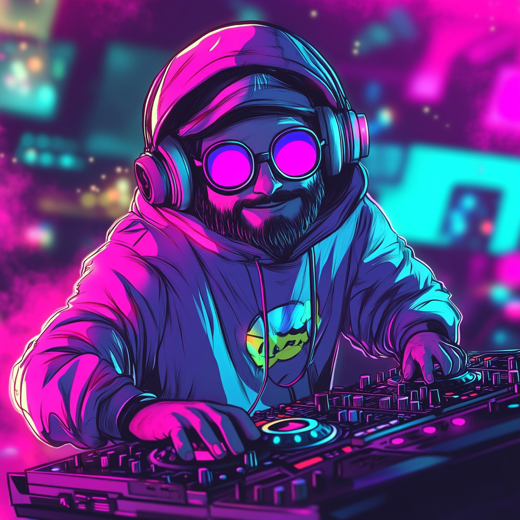 Cartoon DJ at Festival with Neon Colors