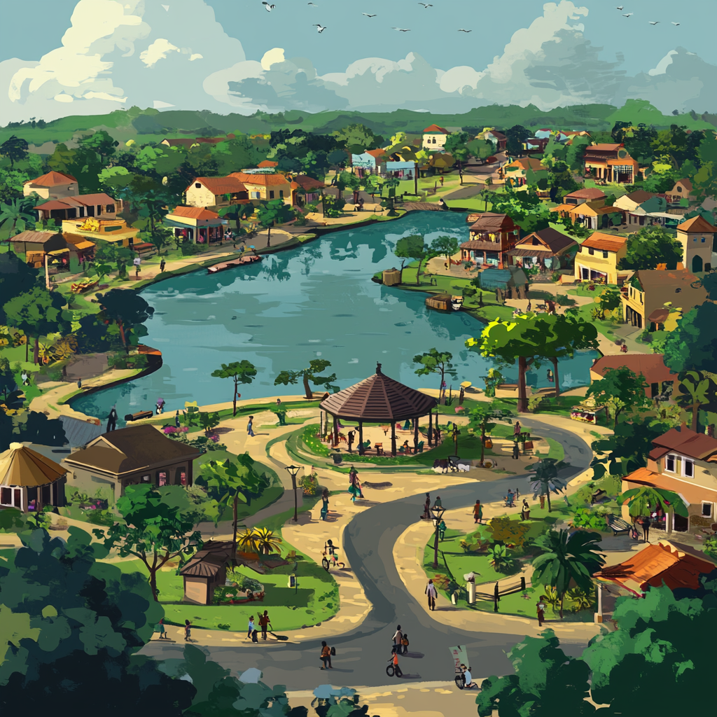 Cartoon East Africa Town with Lake, Street, Park