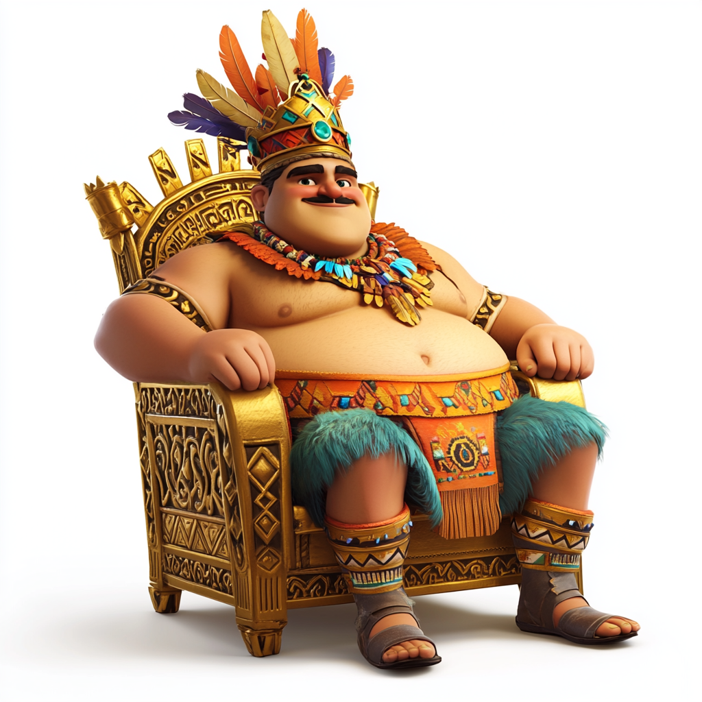 Cartoon Fat King on Golden Throne with Feathers