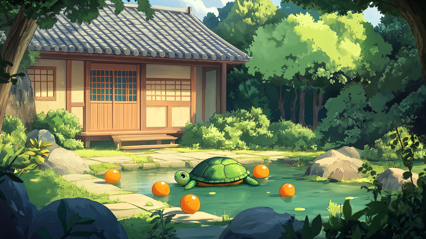 Cartoon Green Turtle resting in pond with oranges, Japanese house.