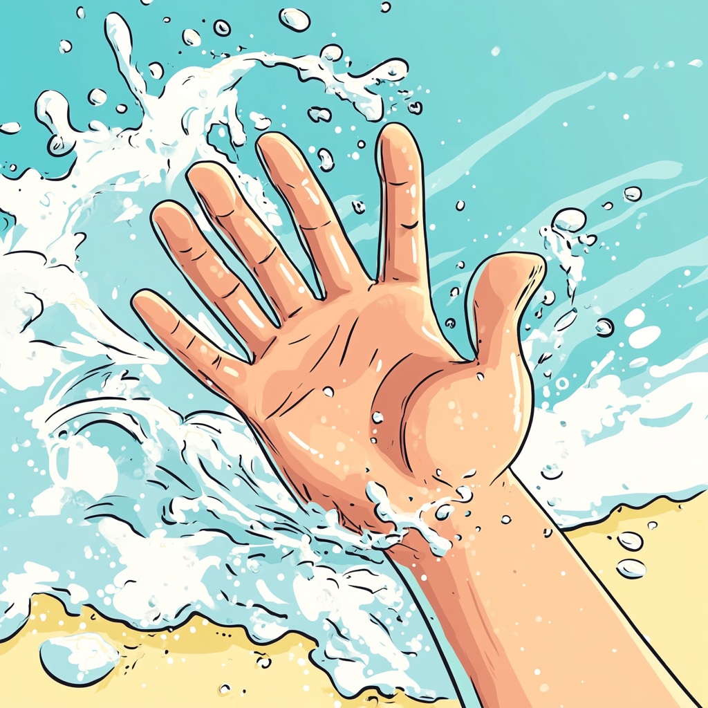 Cartoon Hand Waving in Ocean Wave Illustration