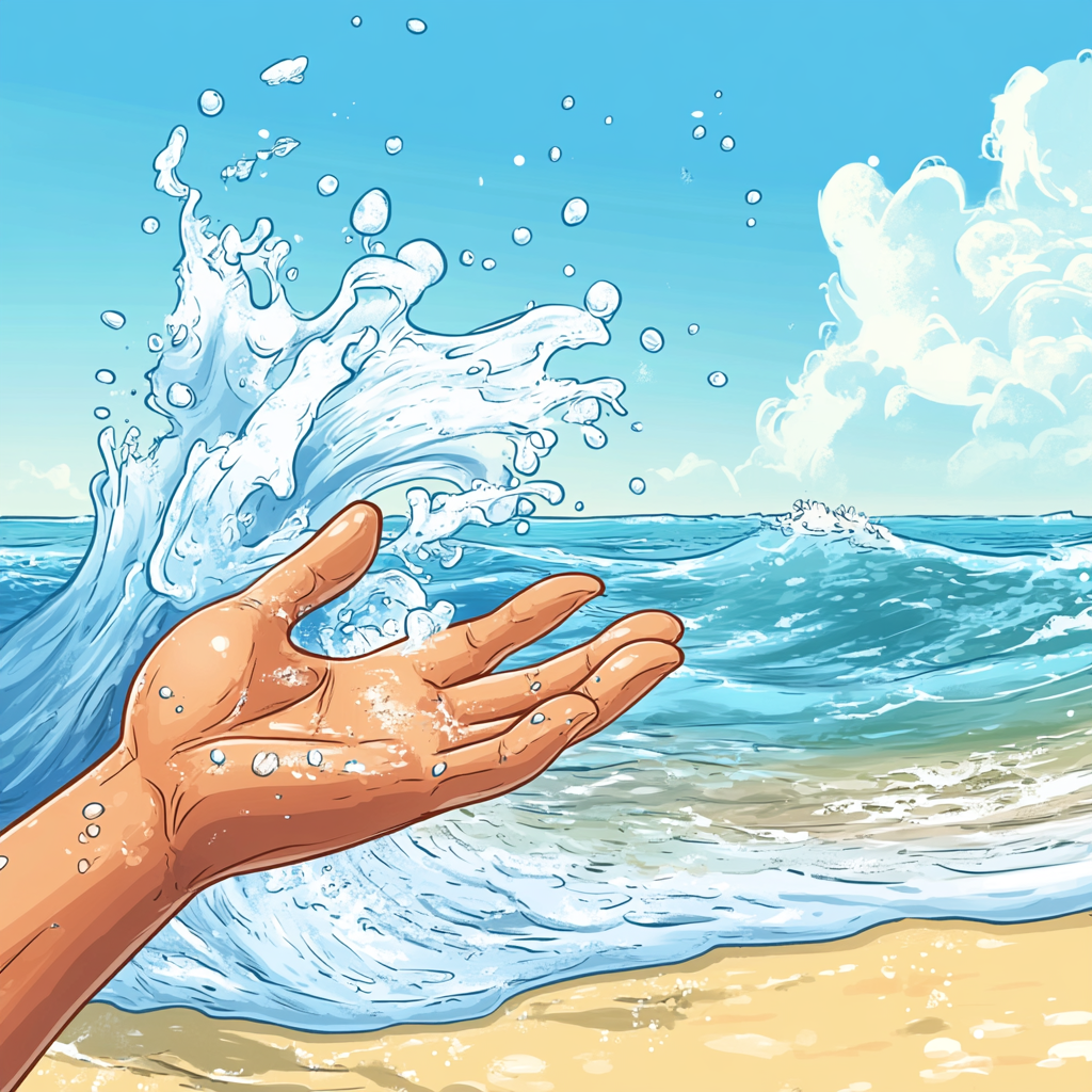 Cartoon Hand Waving with Ocean Wave Splash Animation