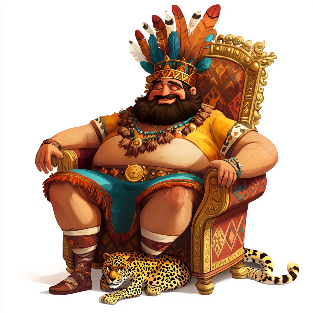 Cartoon King on Aztec Throne, Golden Crown, Leopard