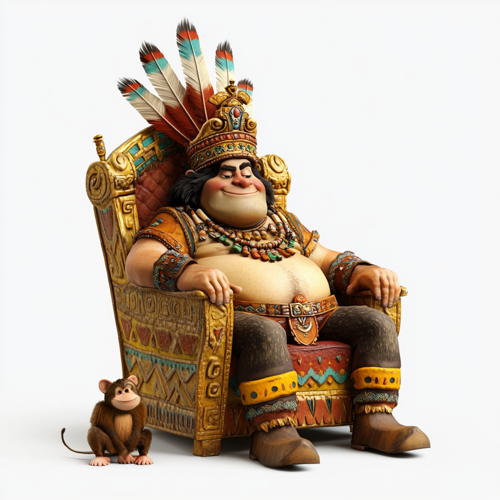 Cartoon King on Golden Aztec Throne with Monkeys