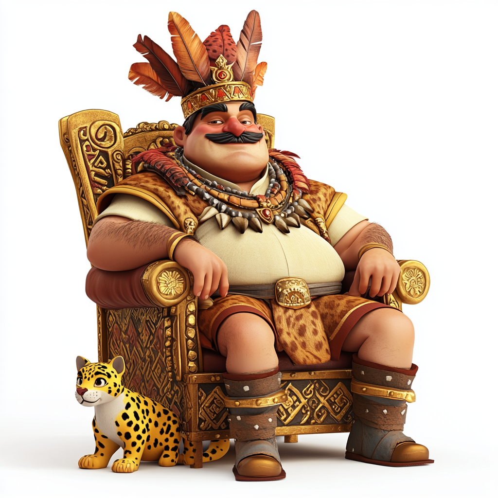 Cartoon King on Golden Throne with Feathers 