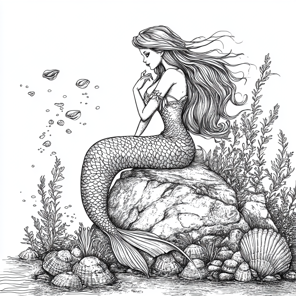 Cartoon Mermaid on Rock with Seashells Illustration - 1:1