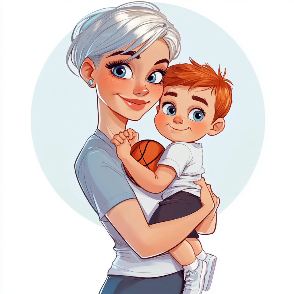 Cartoon Mom with Silver Pixie Hair Holding Baby Boy 