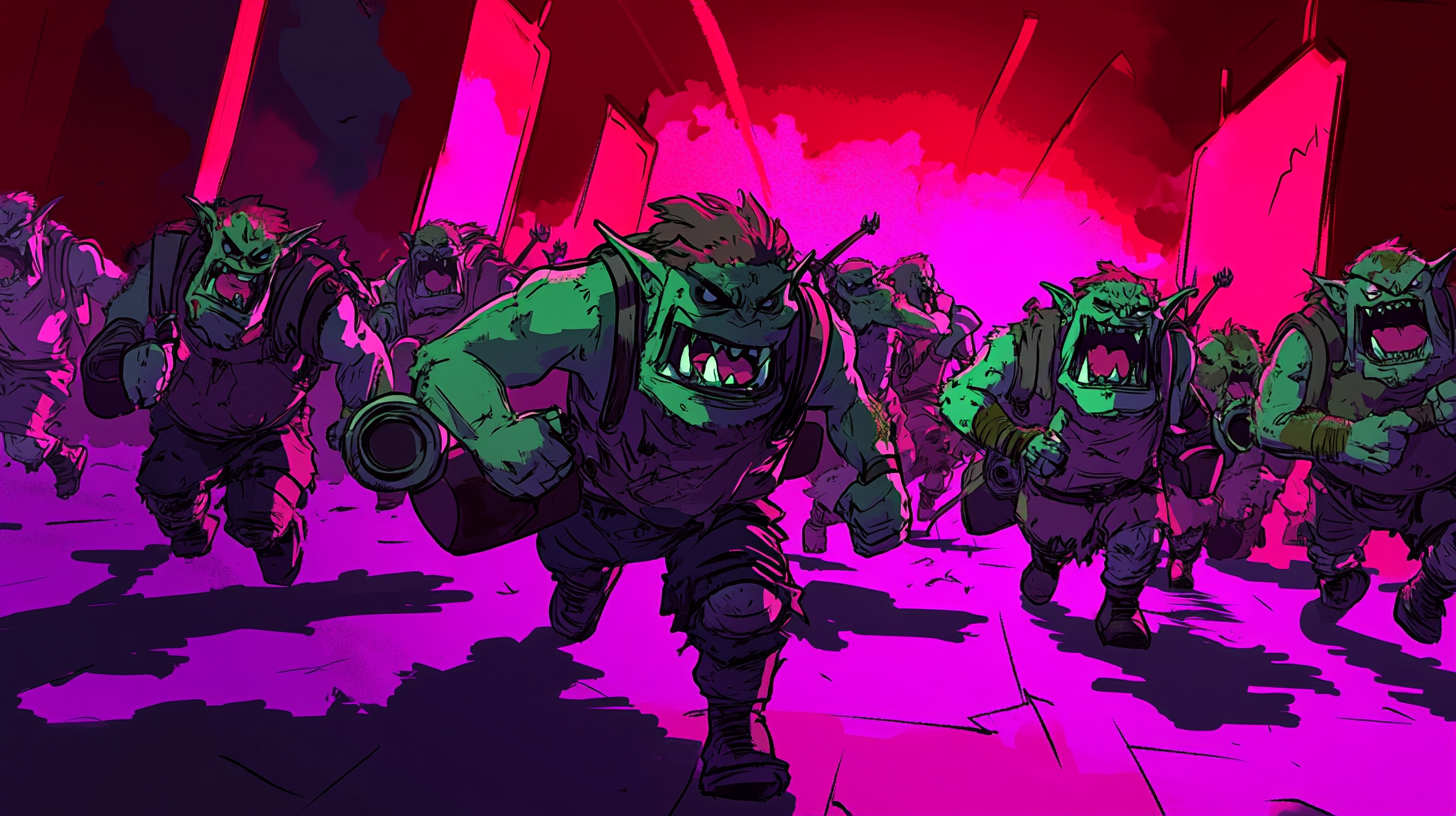 Cartoon Orc army charging with weapons and grenades.