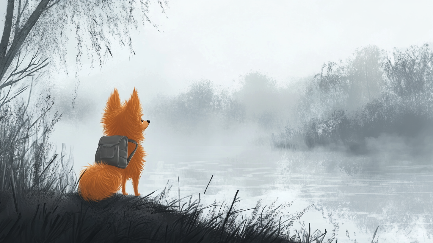 Cartoon Pomeranian with knapsack walks in foggy setting.