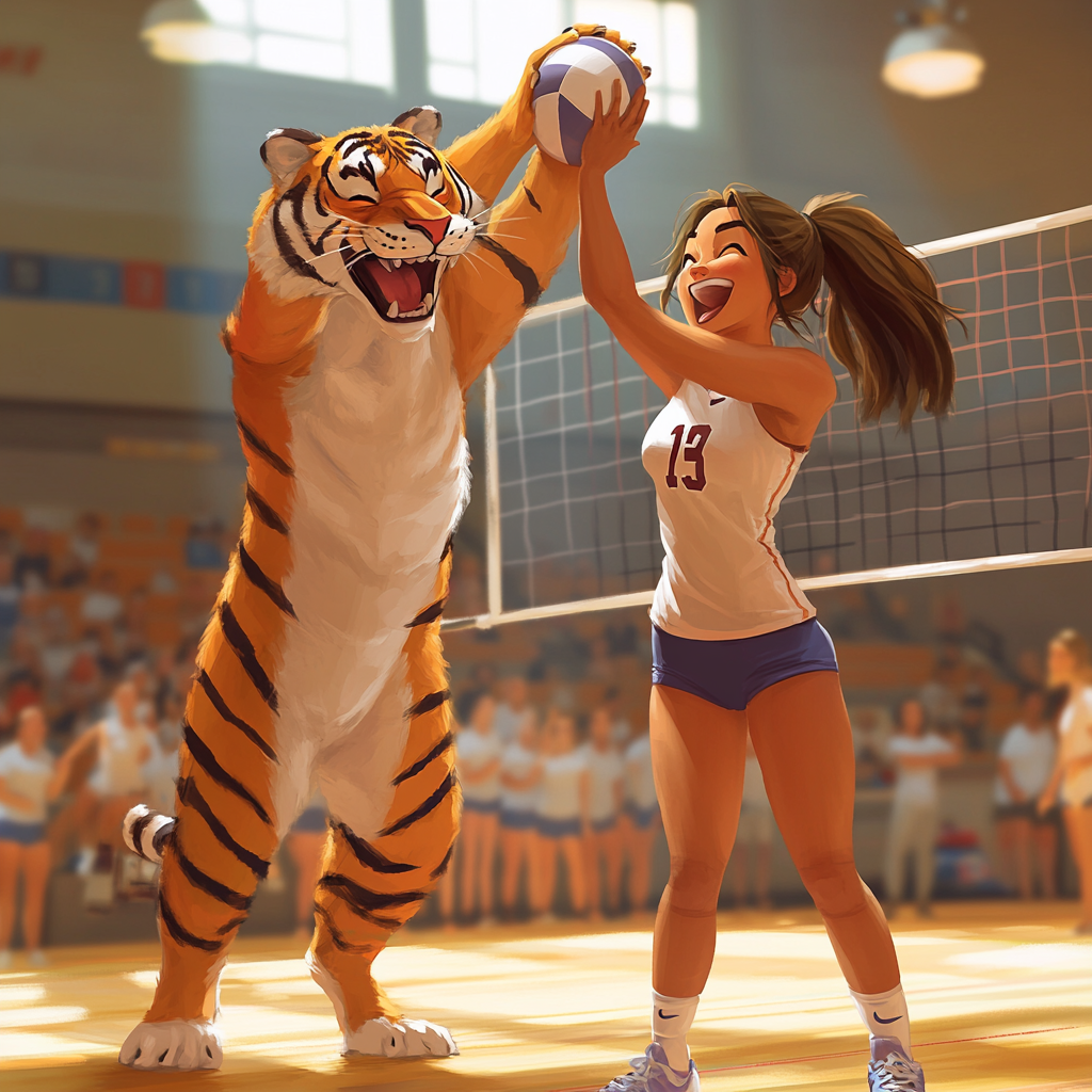 Cartoon Tiger in volleyball uniform giving high five.