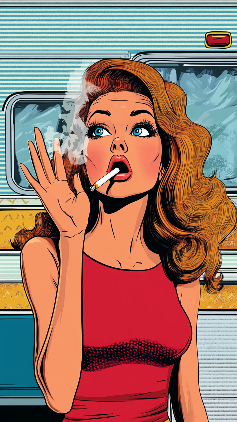 Cartoon Woman Stops, Holds Cigarette Outside Trailer.