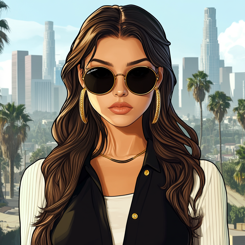 Cartoon Young Woman in Black Sunglasses in LA