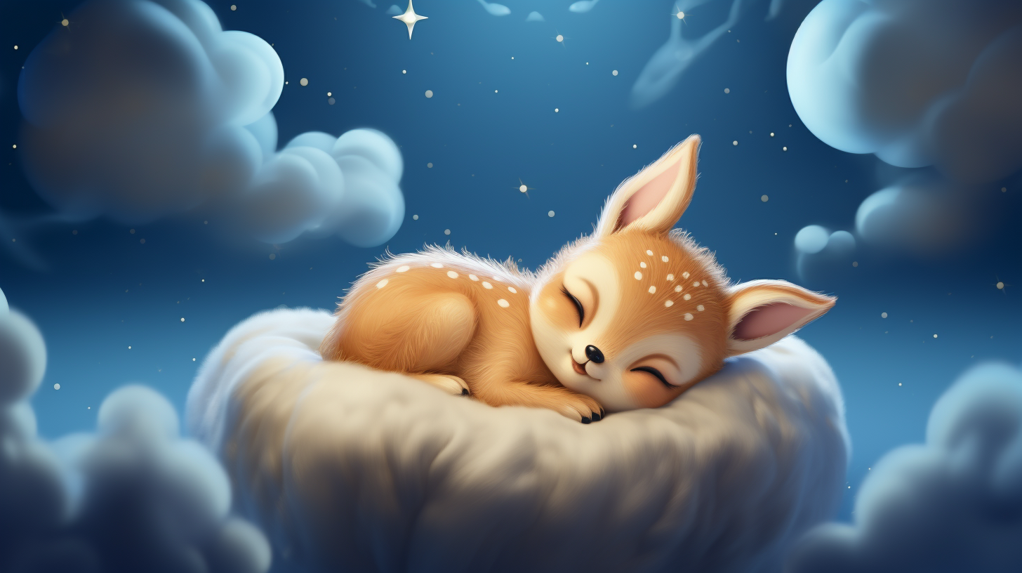 Cartoon baby deer asleep on starry cloud in HD