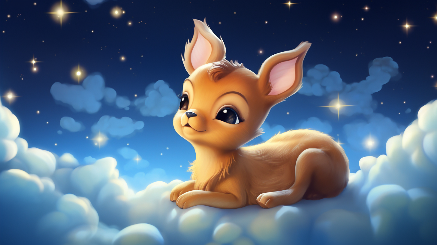 Cartoon baby deer sleeping on clouds under starry sky.