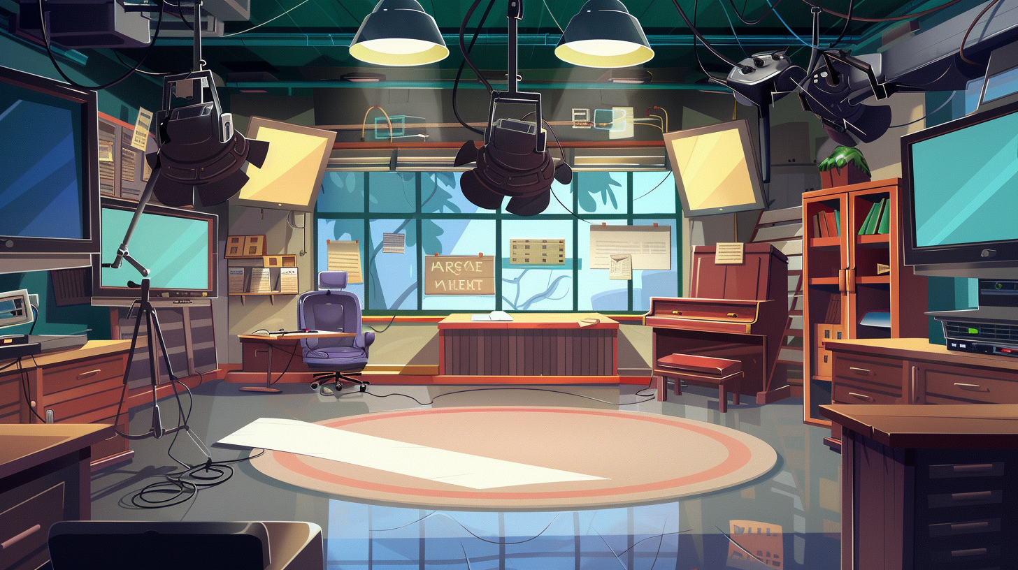 Cartoon background of ARCANE TV studio setting.