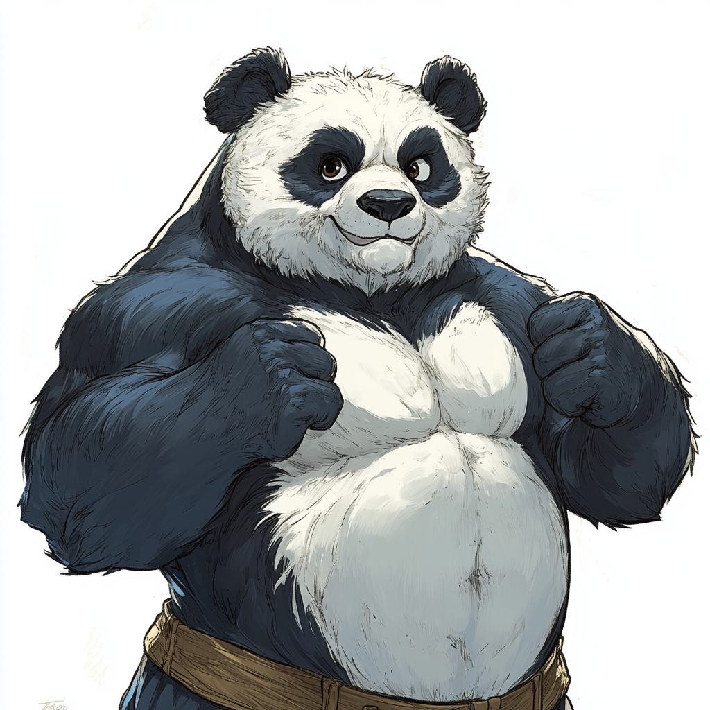 Cartoon buff Panda flexing bicep, smug look.