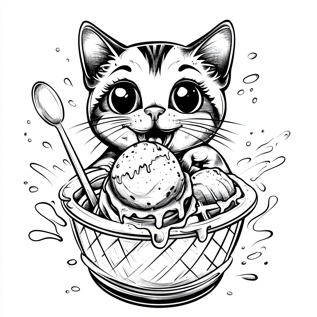 Cartoon cat eats ice cream in parlor