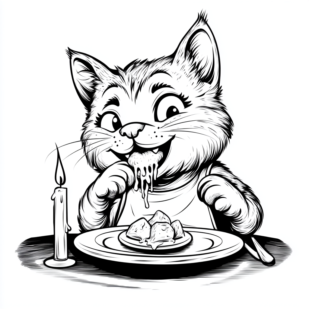 Cartoon cat enjoying noodles in fancy restaurant