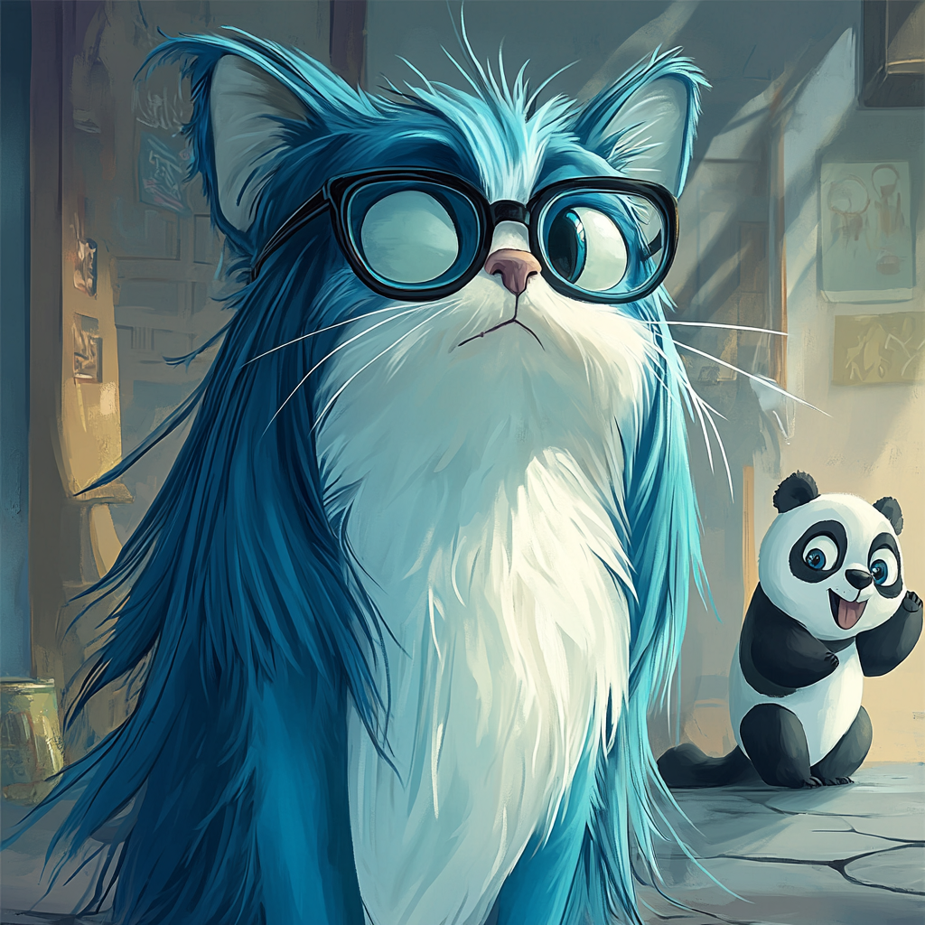 Cartoon cat with blue fur, glasses, sloth, panda.