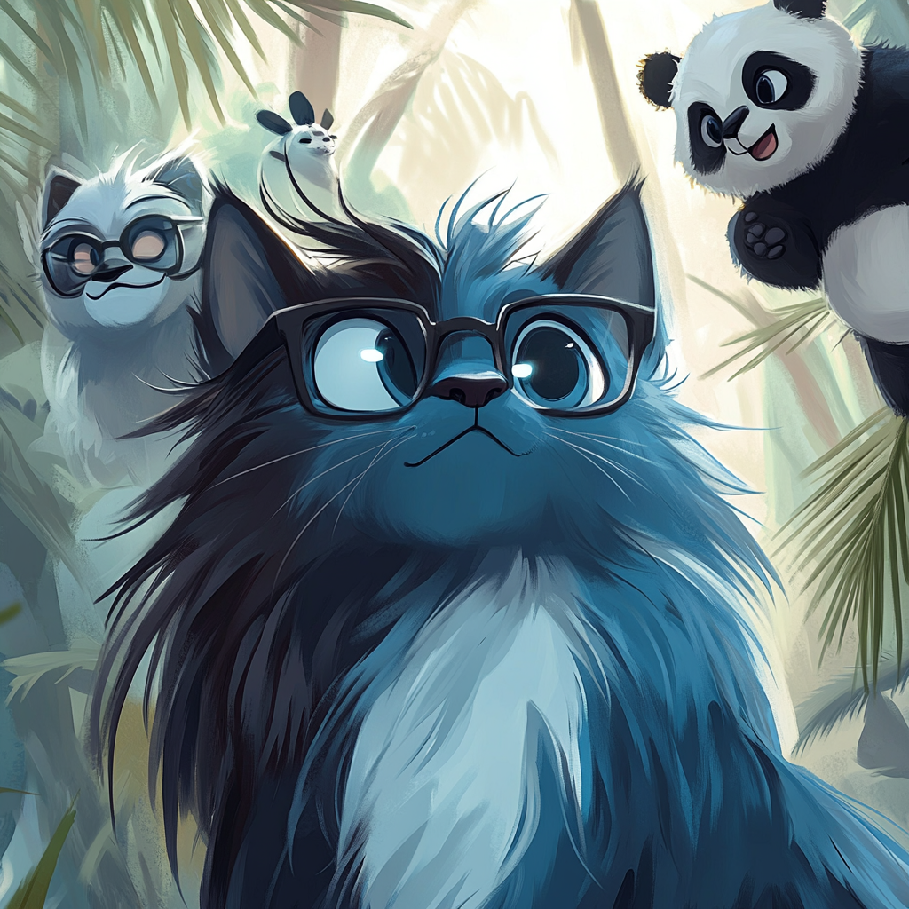 Cartoon cat with blue fur, shaved left side. Sloth, panda cub in background, playful theme.