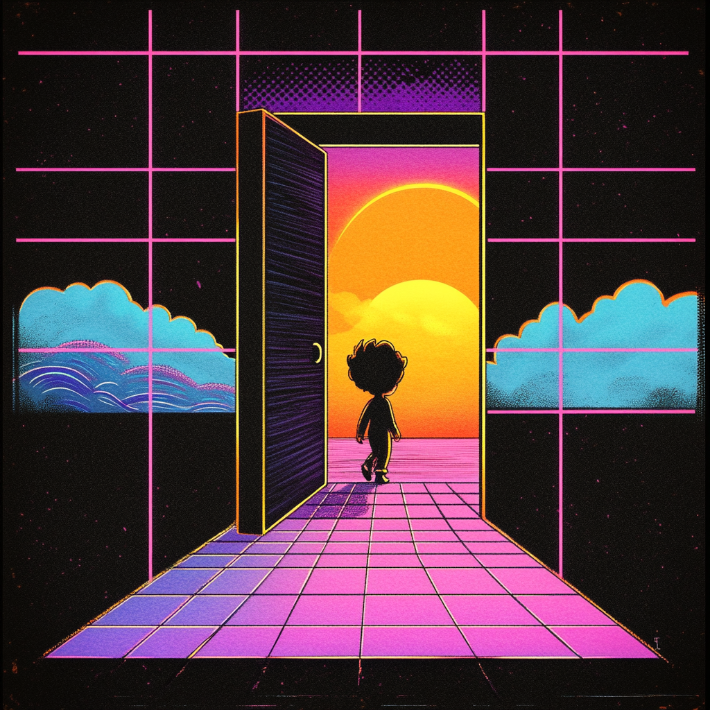 Cartoon character walks out of retro door design