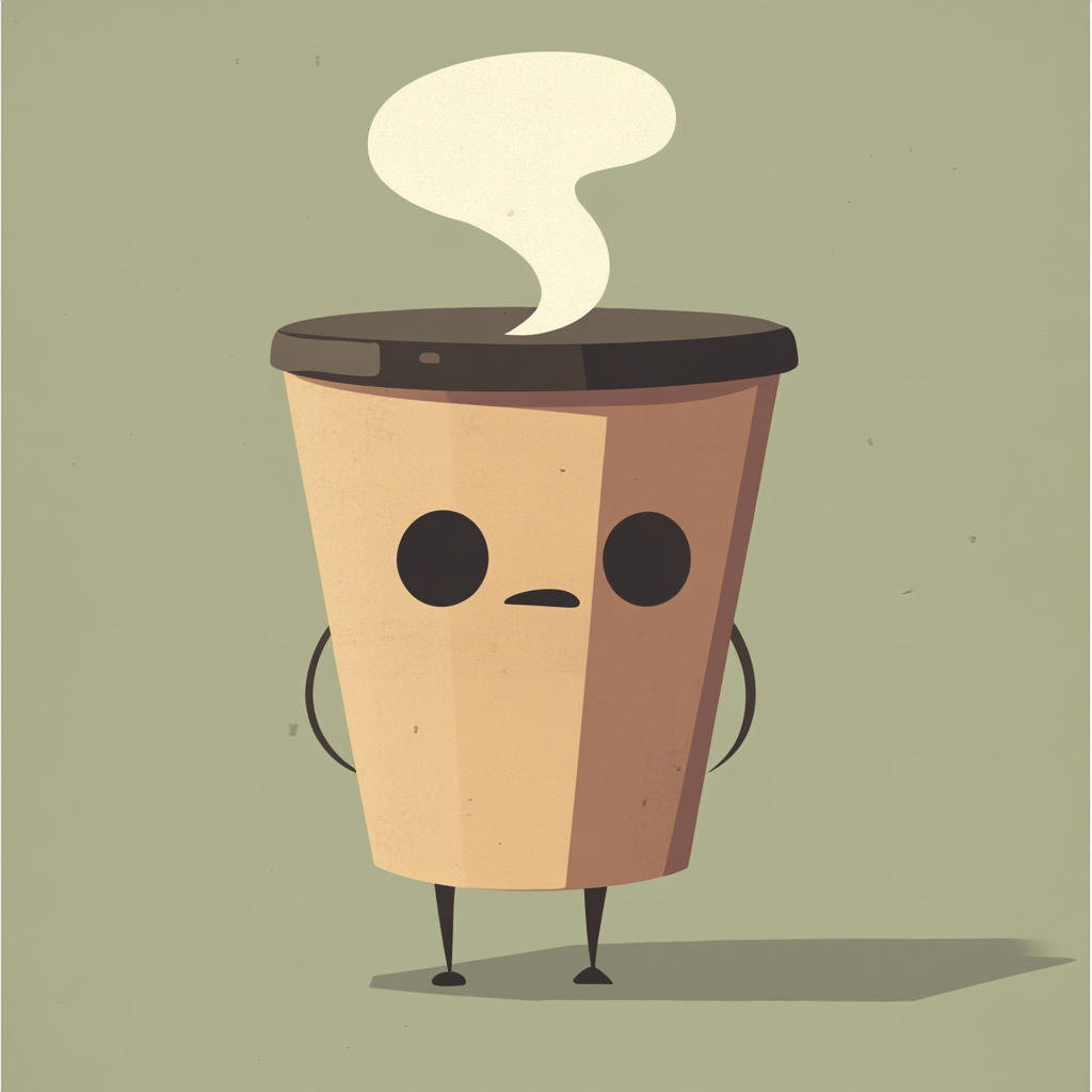 Cartoon coffee cup character with hot steam retro design.