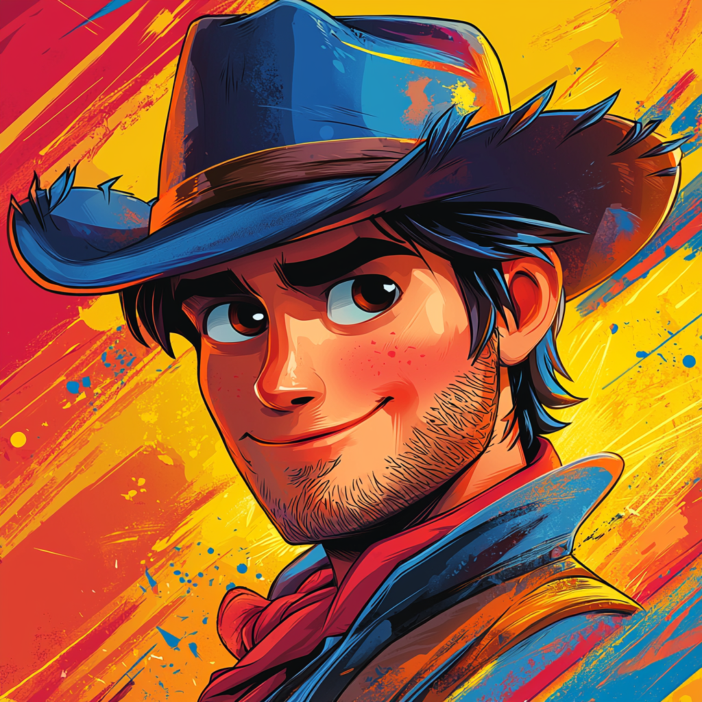 Cartoon cowboy with bright colors and thick lines