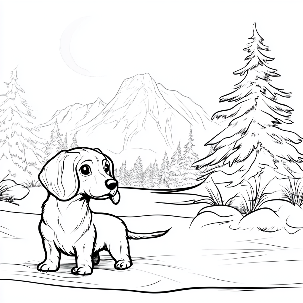 Cartoon dachshund, north pole, black and white, simple.