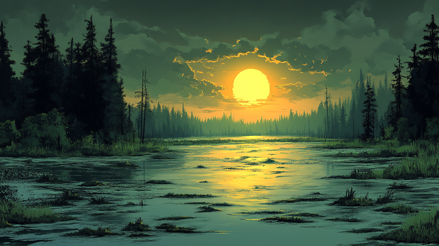 Cartoon dirty swamp illustration with playful eerie vibe