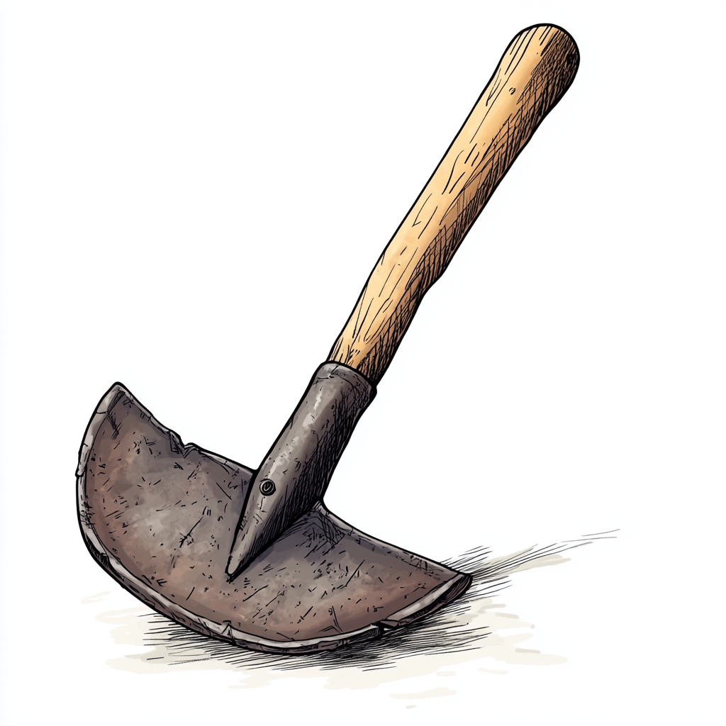 Cartoon drawing of rustic garden hoe with crooked neck.