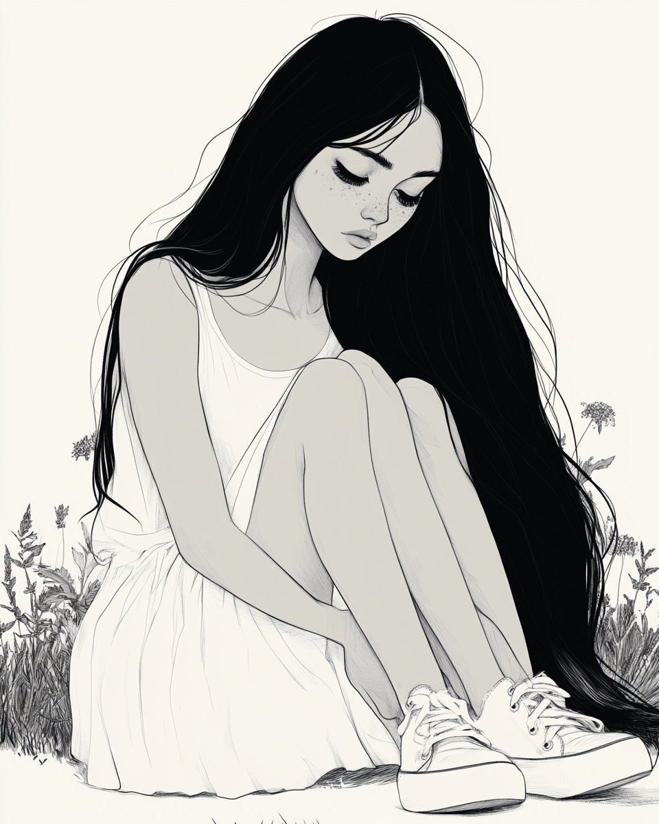 Cartoon girl in white dress with black hair.