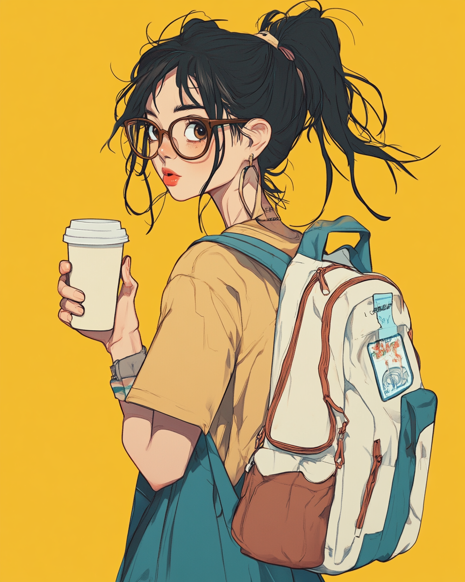 Cartoon girl with glasses, ponytail, drinking milk tea.