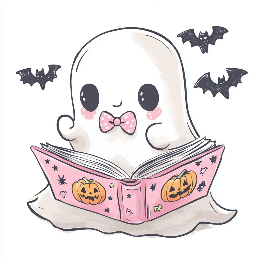 Cartoon girly ghost in pink bow, reading book.