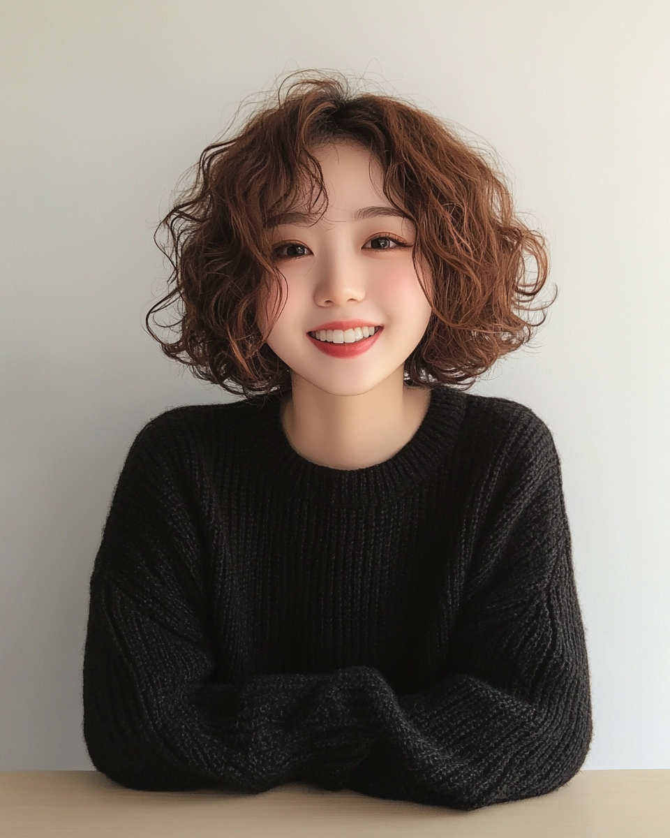 Cartoon headshot of cute Chinese girl with curly hair.