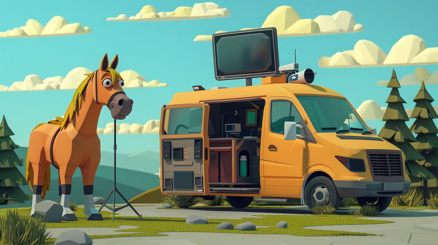 Cartoon horse beside TV production van studio.