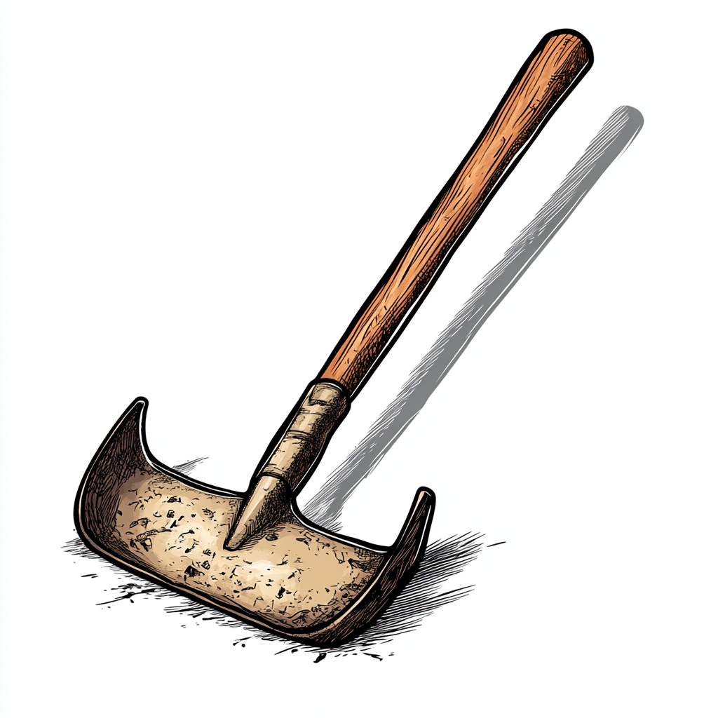 Cartoon image of small garden hoe with hook shape.