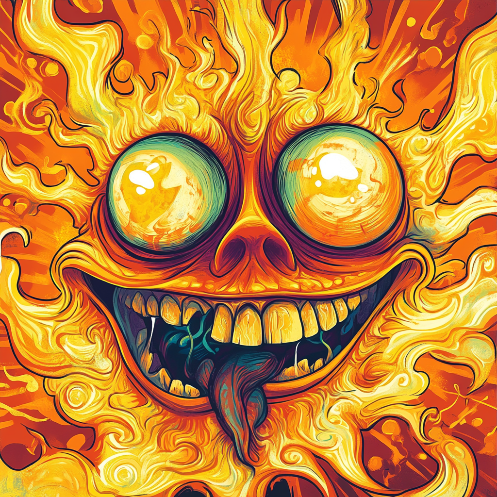 Cartoon label with anthropomorphic face surrounded by flames.