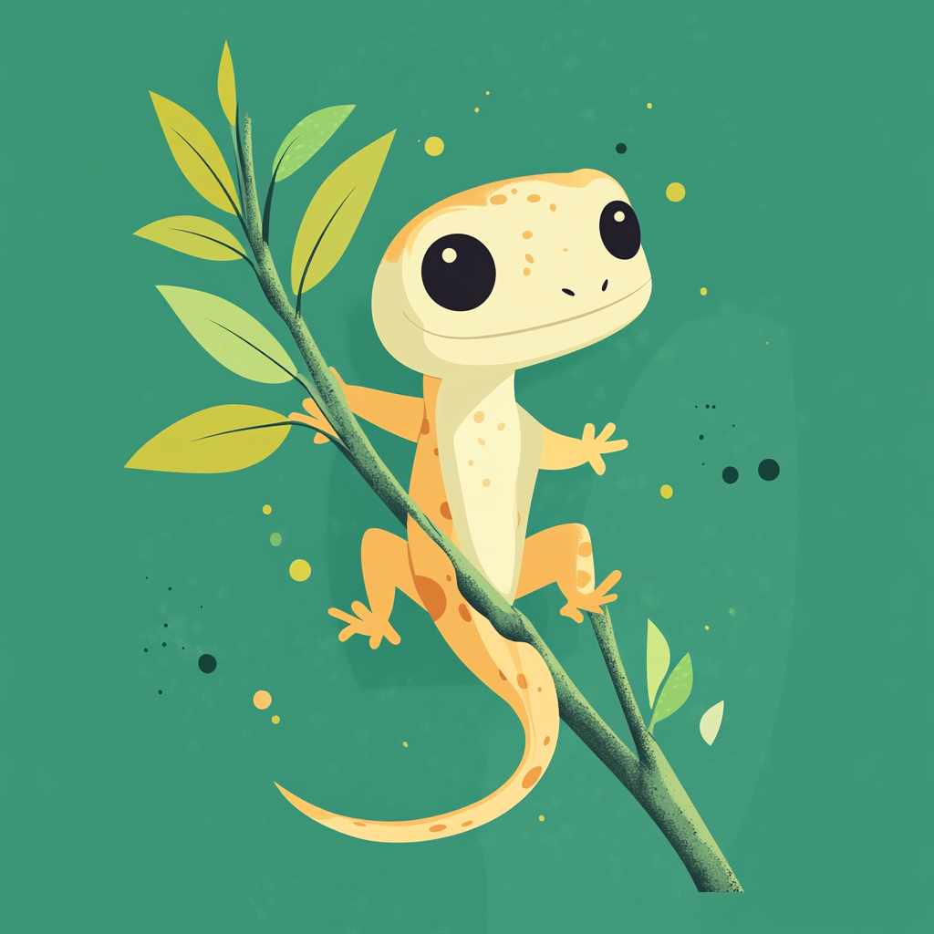 Cartoon lizard climbing branch with small elements on green background.