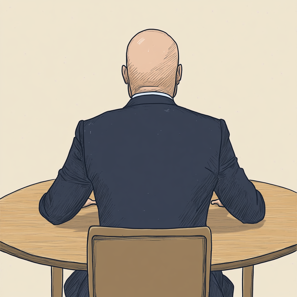 Cartoon man in dark blue suit at nice table.