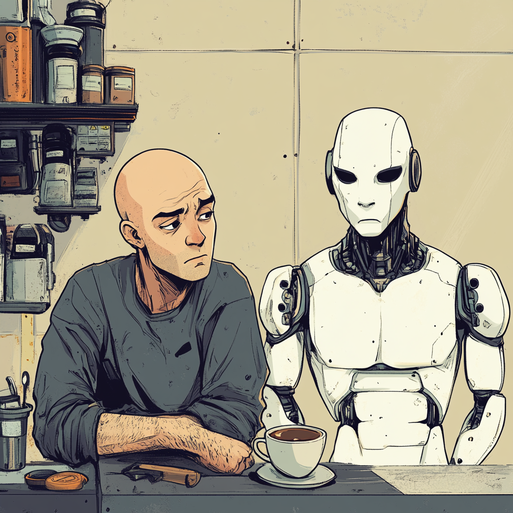 Cartoon of tired man surrounded by coffee and energetic robot