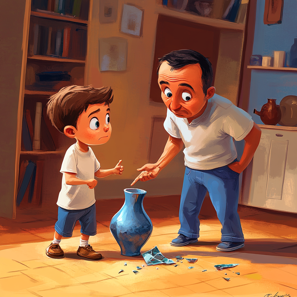 Cartoon painting of Romanian boy pointing to broken vase.