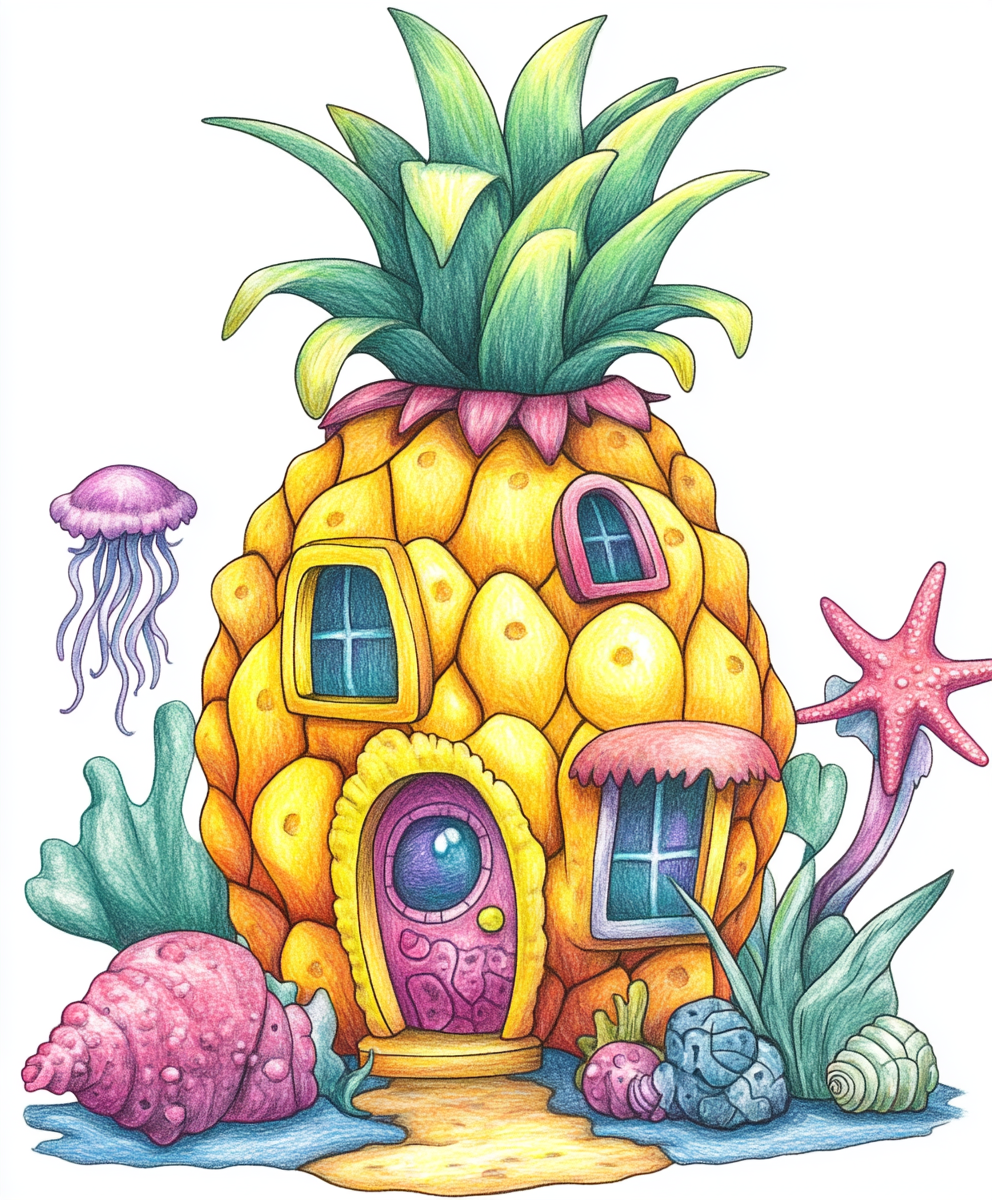 Cartoon pineapple house with starfish, jellyfish, snails.