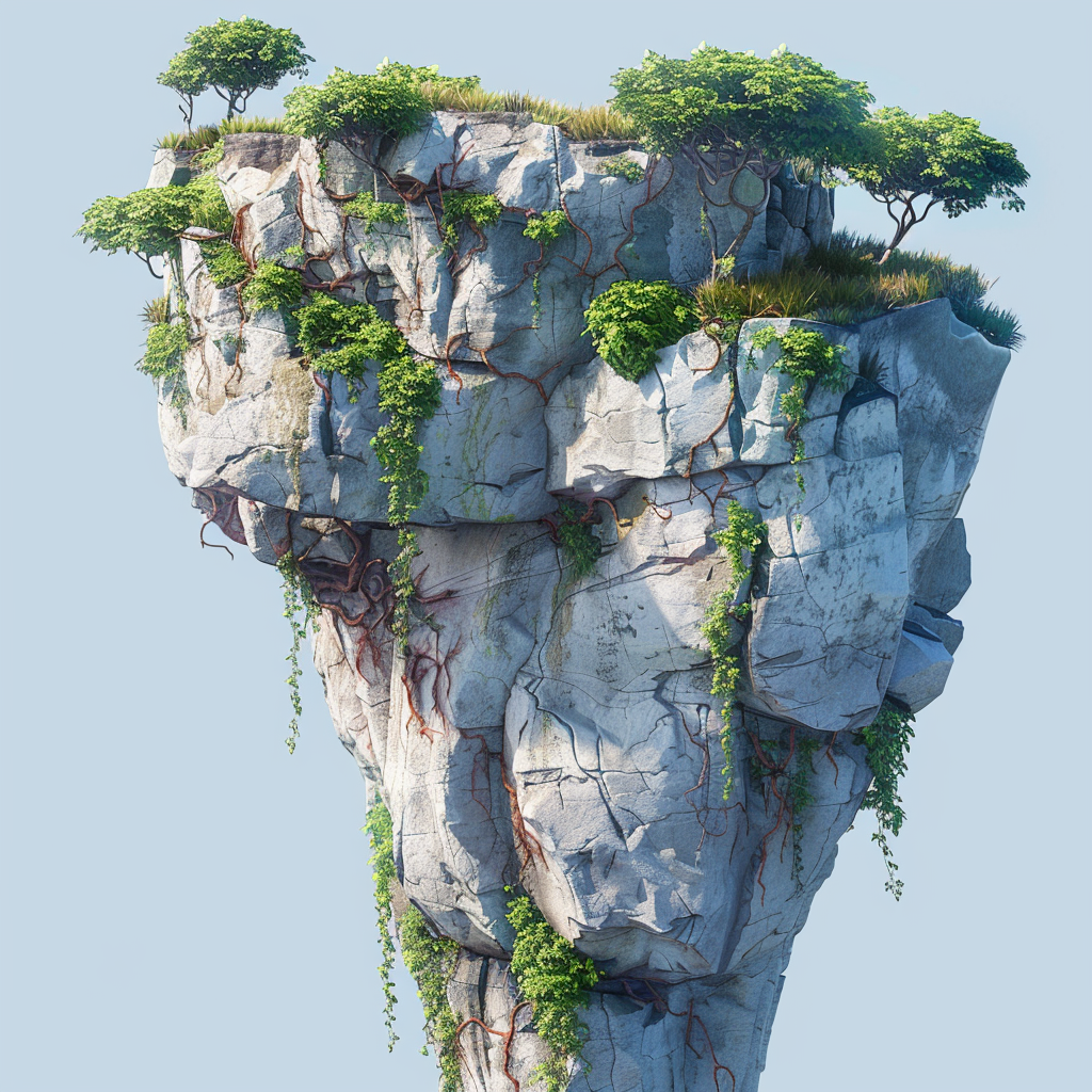 Cartoon rocky cliff with grass and vines.