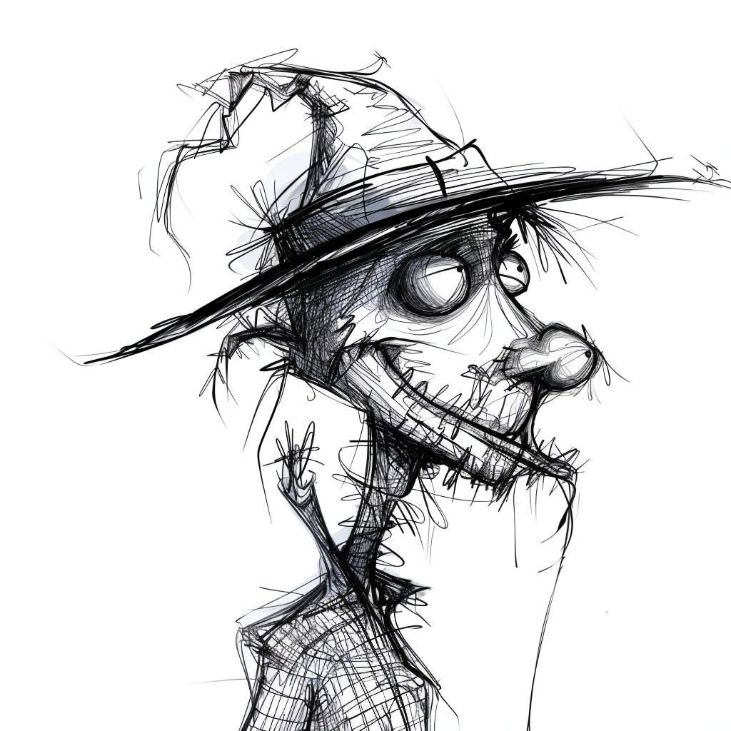 Cartoon scarecrow with thick lines, drooling, looks drunk.